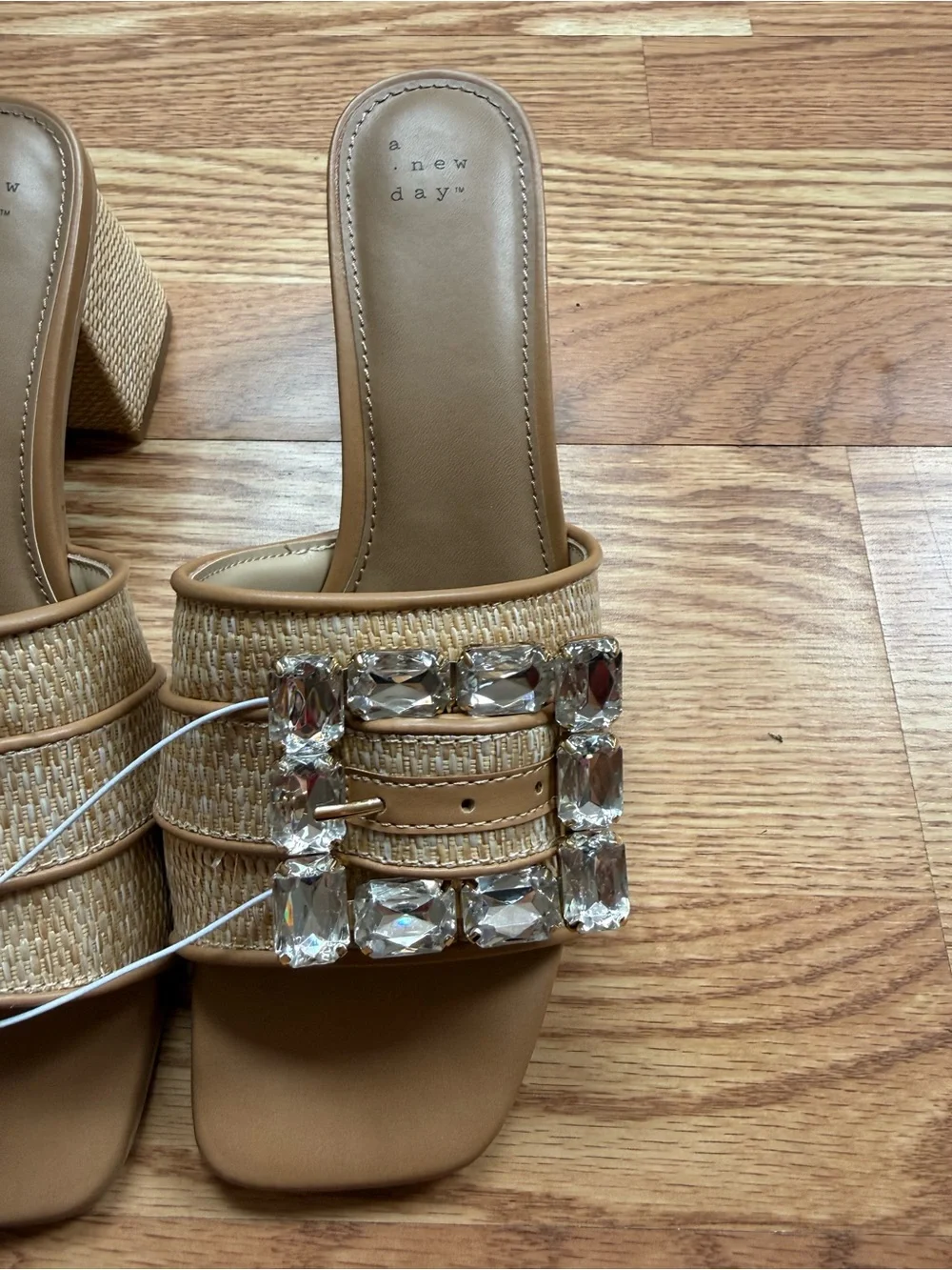 NWT A New Day Tan Raffia Rhinestone Buckle Block Heel Mules Size 10